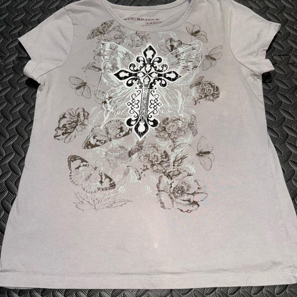 Bit & Bridle Gray Graphic Tee with Butterfly and Cross